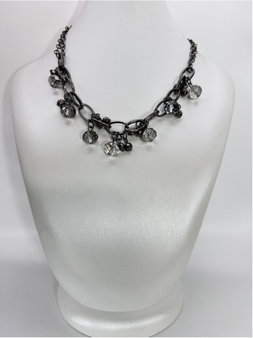 Necklace Gray Glass Beaded Statement Gunmetal Chain Dangle Drop Chunky Womens